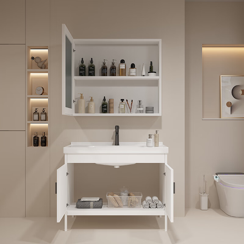 Jomoo's new bathroom space aluminum washbasin cabinet combination bathroom bathroom cabinet washbasin integrated ceramic floor-standing washbasin 5036 ceramic basin + floor cabinet + ordinary mirror cabinet
