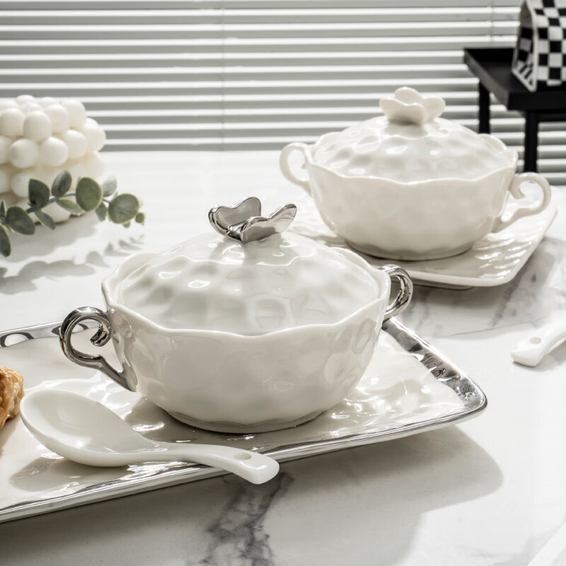 Pupan ceramic dessert bowl Internet celebrity bird's nest bowl sugar water bowl stew pot soup cup baking bowl commercial creative beauty salon double ears with lid silver edge embossed bowl + silver edge rectangular plate with ceramic spoon