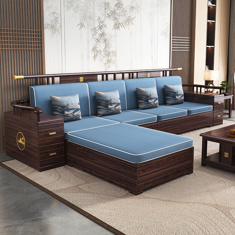 Huiwangfu new Chinese style ebony solid wood sofa modern simple small apartment home living room storage winter and summer dual-purpose wooden sofa four-seater + imperial concubine couch + middle box + long coffee table