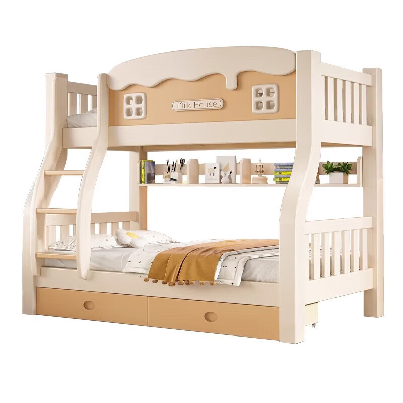 Leiyang all solid wood bunk bed cartoon bunk bed multifunctional wooden bed fashionable simple double solid wood high and low bed small apartment 130 up and down 150 bookshelf drawer + mattress * 2