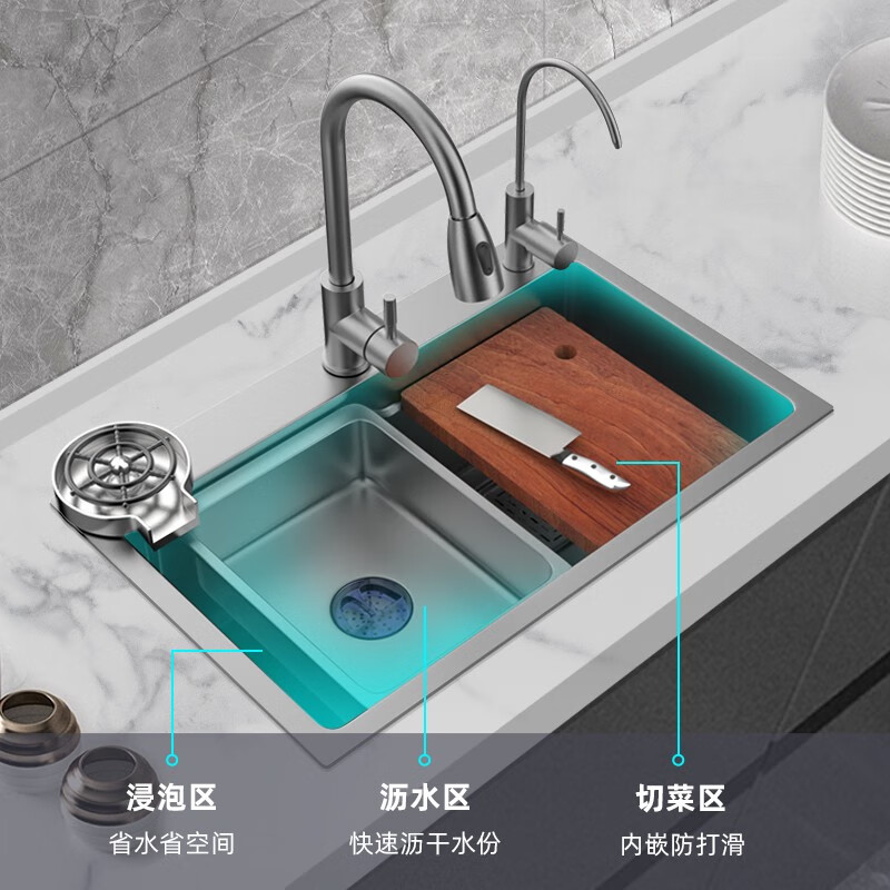 JOMOO 2025 New Gun Gray SUS304 Stainless Steel Nano Kitchen Sink Hand-Thickened Large Single Slot Waterfall for Vegetable Washing Gun Gray 60*45 Upgraded Three-speed Package + Purified Water/