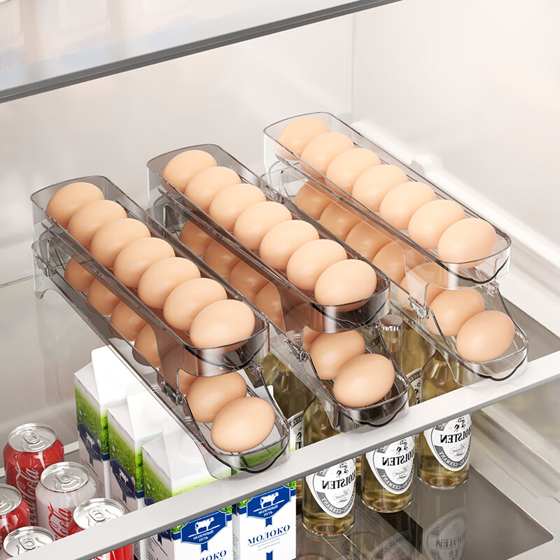 Shijiaji rolling egg storage box refrigerator with side door for egg cartons, automatic rolling egg rack holder for rolling egg cartons, egg compartments, 2 transparent black (can hold about 30 eggs), automatic rolling filling of eggs