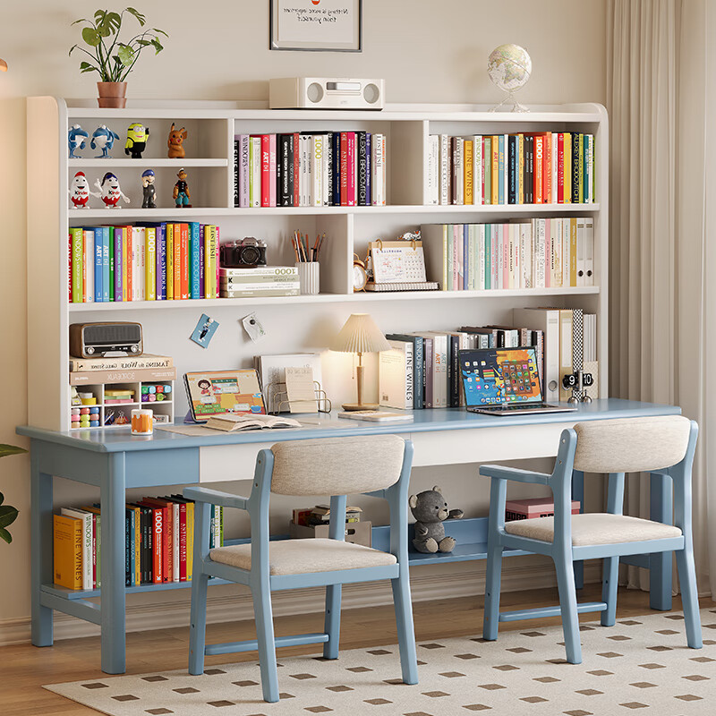 Huixun solid wood double desk bookshelf integrated table home children's study table living room simple computer table student writing desk walnut color # desk 180cm*60cm*80cm total height 190cm