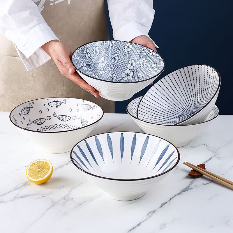 Japanese ramen bowl large bowl instant noodle bowl household Internet celebrity tableware 8 bucket hat porcelain bowl noodle restaurant bucket hat soup bowl ceramic bowl random style 8 inch bucket hat bowl 2 pieces