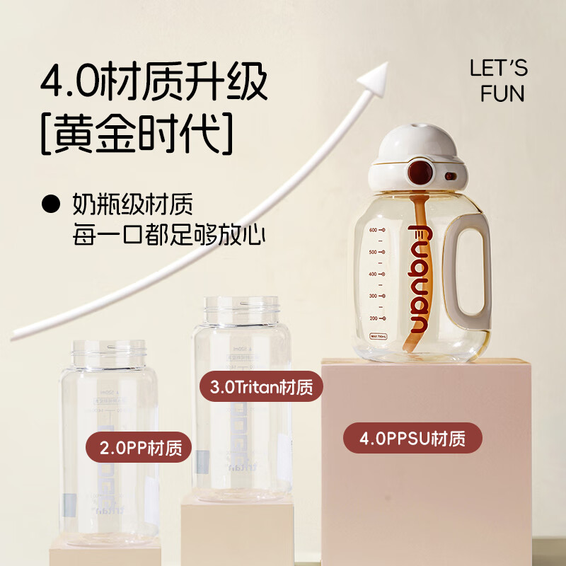 Fuquan ton bucket ton children's water cup direct drinking straw cup ppsu kindergarten summer boys and girls kettle out portable cup 4 years old + can be carried on the back, rice white 790ml