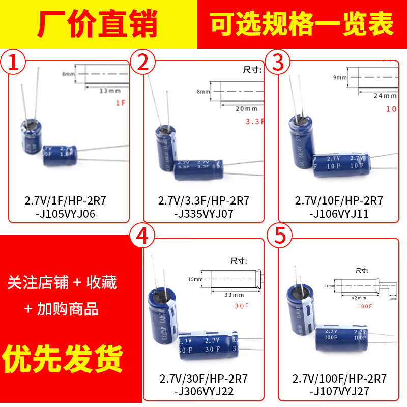Farad capacitor 5.5V 0.22F 0.47/1/1.5/2/4/5/10F Supercapacitor combined type 5.5V 1F 18.7*5.5 horizontal (1 piece)