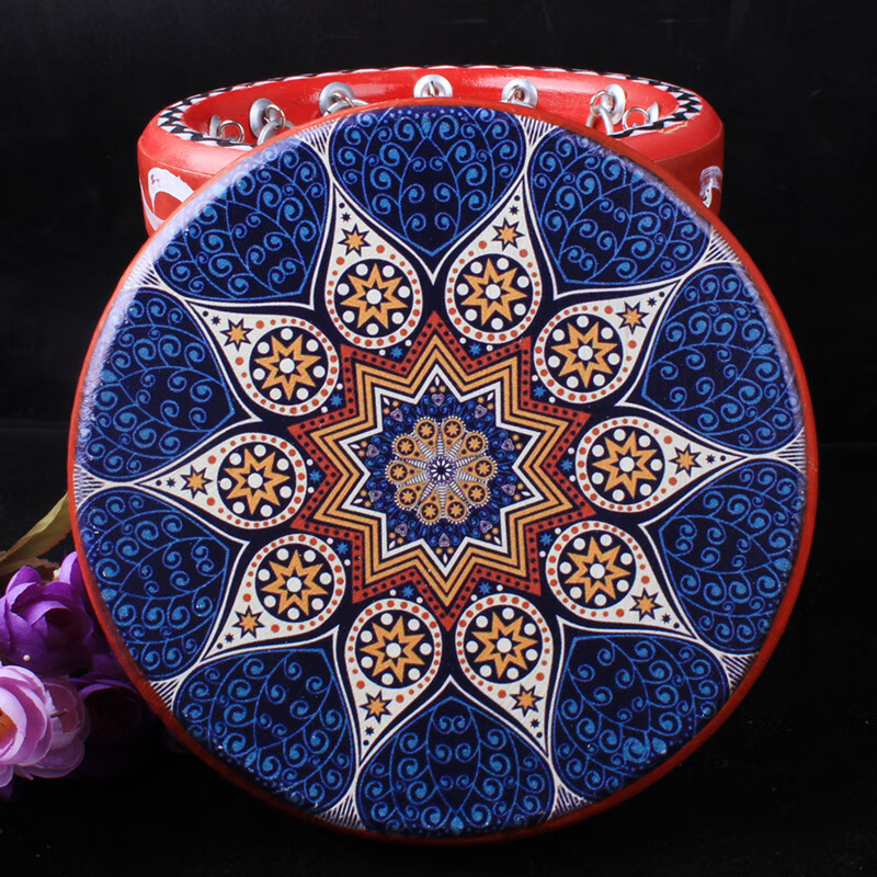 Jingqiao Xinjiang ethnic musical instrument dance performance painted cowhide tambourine hotel restaurant wall decoration hanging ornaments souvenir style 15 20 cm