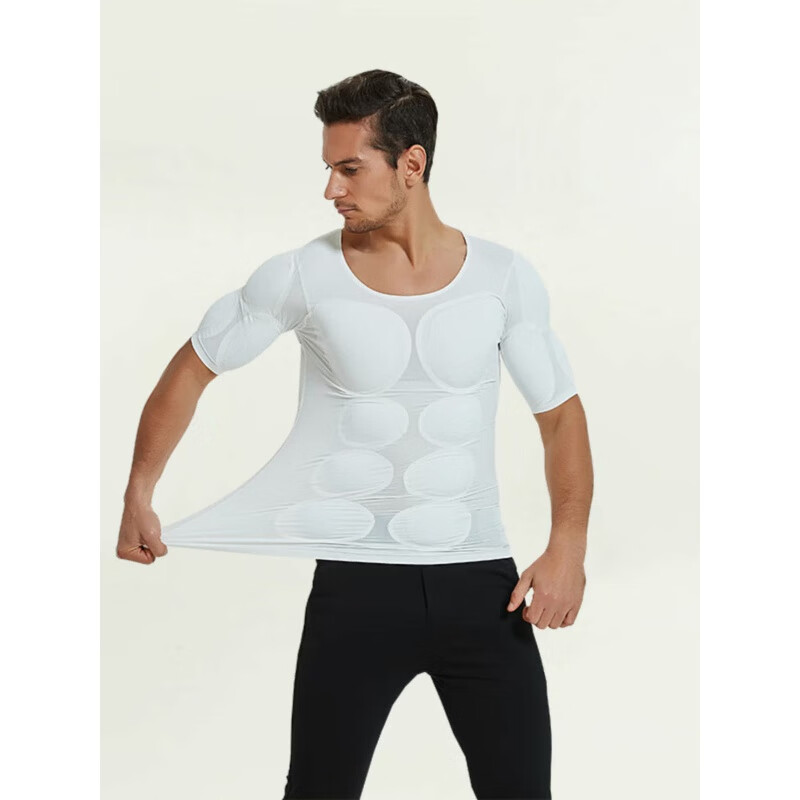 Oxygen New Modeling Seamless Fake Muscle Inner Clothes Men's T-shirt Shoulder Pads Invisible Simulated Fake Chest Muscles Fake Abdominal Muscles Short Sleeves Cos Traceless White Half Sleeve Half (Tenth Generation Muscle Pads Removable L Weight 130kg-150kg