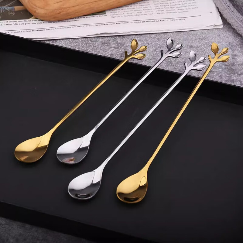 Fat Donglai's same style spoon for cups, stainless steel coffee stirring spoon, cute dessert leaf spoon, small round spoon, square head, medium handle leaf spoon, gold (mug)
