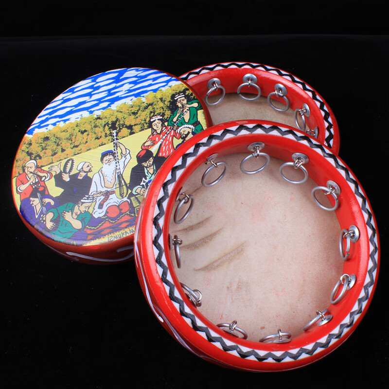 Jingqiao Xinjiang ethnic musical instrument dance performance painted cowhide tambourine hotel restaurant wall decoration hanging ornaments souvenir style 15 20 cm
