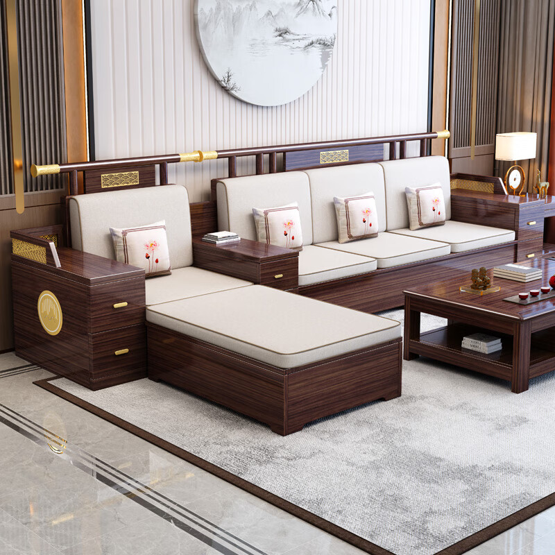 Muyu Space New Chinese Style Ebony Wood Solid Wood Sofa Living Room 2025 New Small Apartment Storage Style Imperial Concubine Wooden Furniture Complete Set 1+2+3+ Coffee Table+ Square Table*2+ TV Cabinet