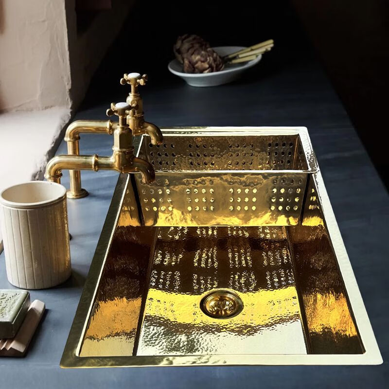 French retro kitchen large single sink embedded in island water bar sink pure copper gold undercounter basin wash basin S style stainless steel titanium 88*48*23cm