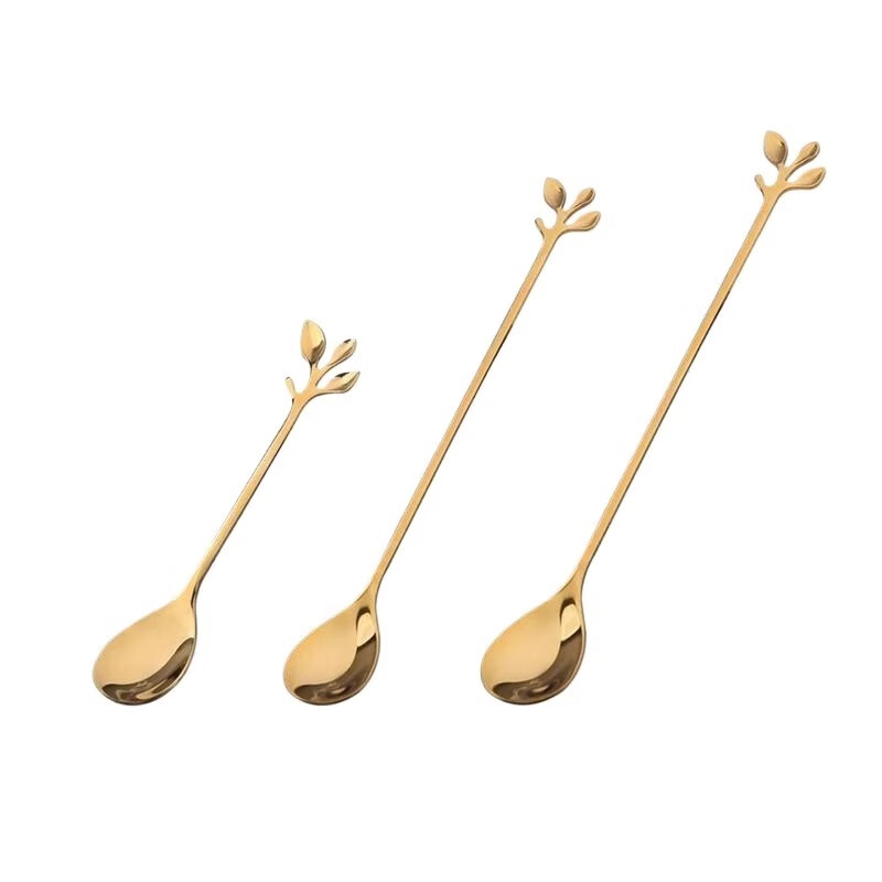 Fat Donglai's same style spoon for cups, stainless steel coffee stirring spoon, cute dessert leaf spoon, small round spoon, square head, medium handle leaf spoon, gold (mug)