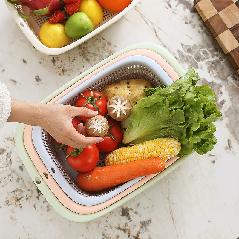 Burden home use new rectangular hollow drain basket fruit basket plastic vegetable washing basket kitchen thickened Nordic green thickened with hanging holes extra large 39.5*28*10cm