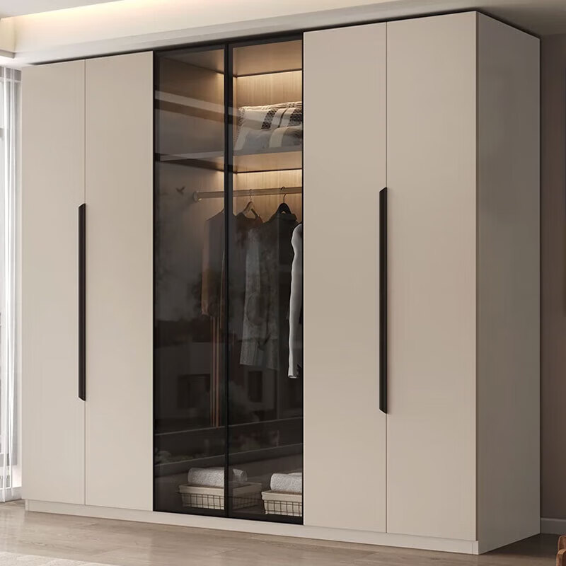 Qiaolop solid wood wardrobe bedroom home simple modern minimalist simple cabinet rental light luxury storage large wardrobe 220*60*200 glass mixed side cabinet six door khaki door installation