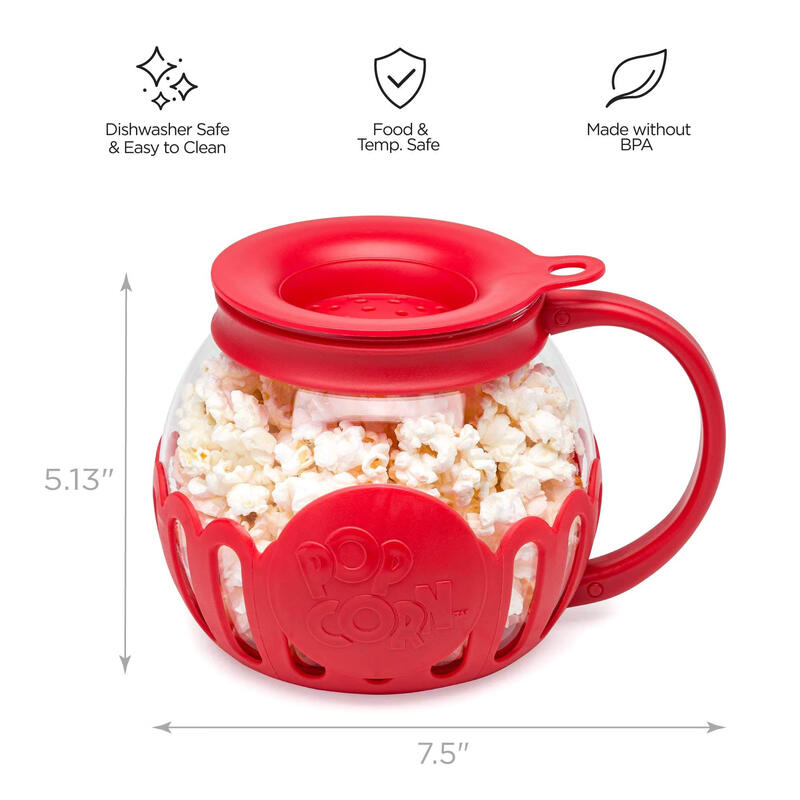 Ecolution Microwave Popcorn Maker 5.6L Borosilicate Glass 3-in-1 Lid Measures Melted Butter No Oil Required Dishwasher Safe Home Healthy Snacks Red Small Size