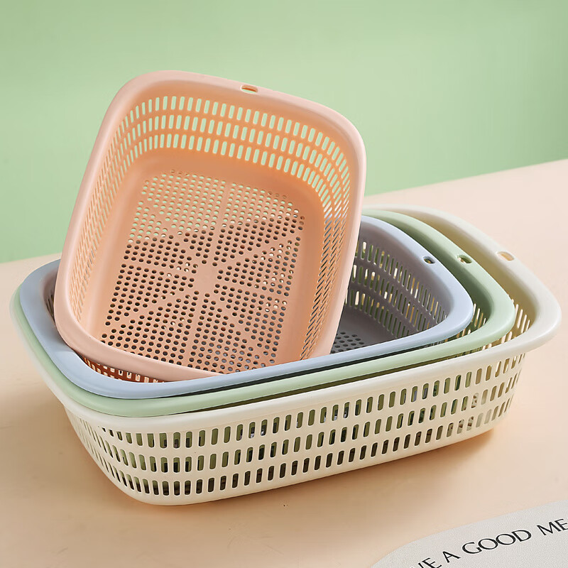 Burden home use new rectangular hollow drain basket fruit basket plastic vegetable washing basket kitchen thickened Nordic green thickened with hanging holes extra large 39.5*28*10cm