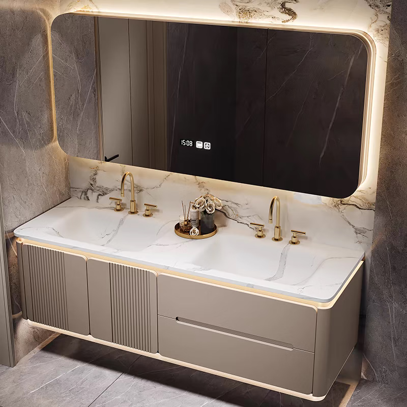 Royal Ceremony New Slate Hot-Bent Integrated Double Basin Modern Bathroom Smart Washing and Washing Table Integrated Bathroom Cabinet Combination Slate Hot-Bent Integrated Basin + Intelligent Beauty Mirror Cabinet 1.8 Meter Double Basin