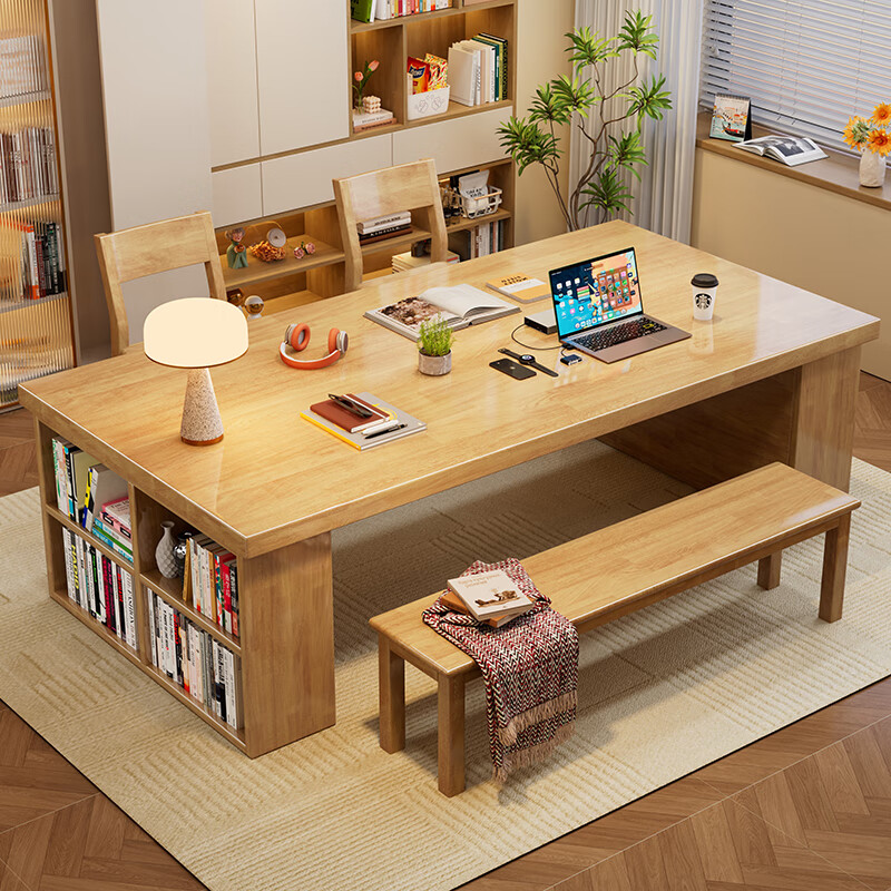 Hui Xun went to the living room to transform the large long desk into a simple study table, a solid wood large table, a dining table, a desk, an integrated workbench, a reading table, FAS grade rubber wood, no veneer, walnut color #desk, 140cm*80cm*75cm, desktop thickness 6.5cm