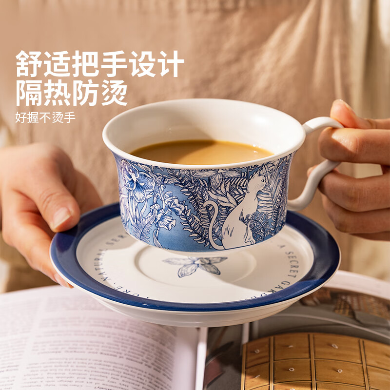 Modern Housewife off-shelf ceramic coffee cup and saucer set, high-end exquisite cup, wedding gift, souvenir mug, blue and white bird coffee hand cup 280ml