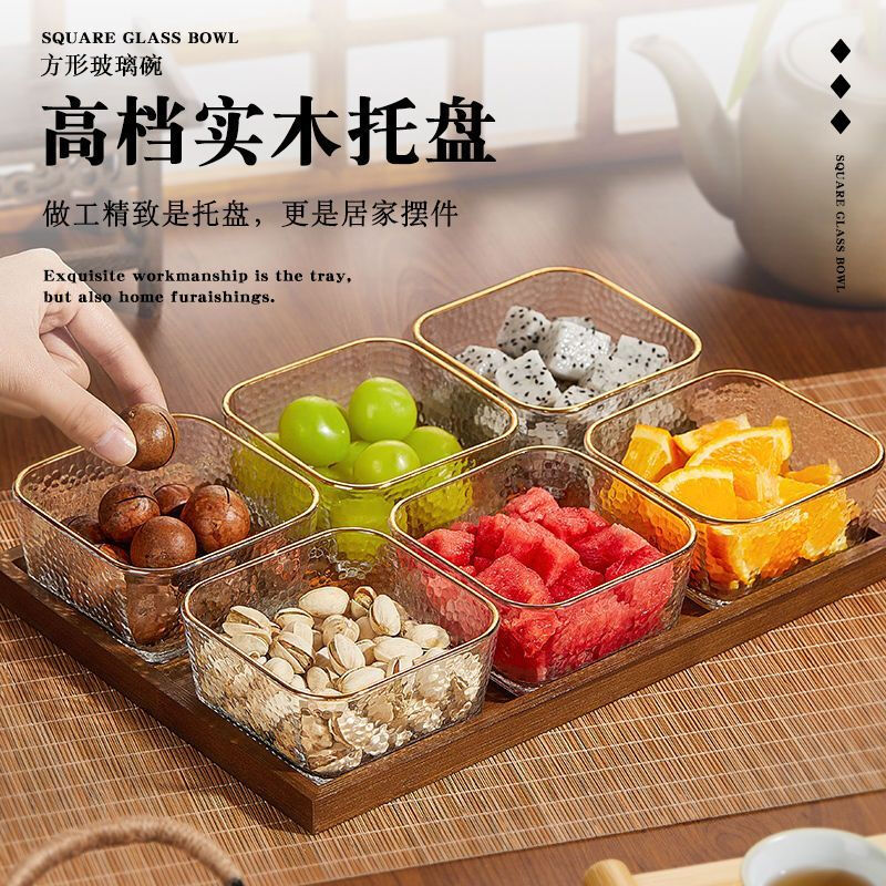 Honsakura Retro Dried Fruit Plate New 2026 High-Looking Melon Seed Candy Fruit Plate New Year Living Room Nut Storage Box Fruit Plate Walnut Color Cover Transparent 6 Pieces + Retro Tray