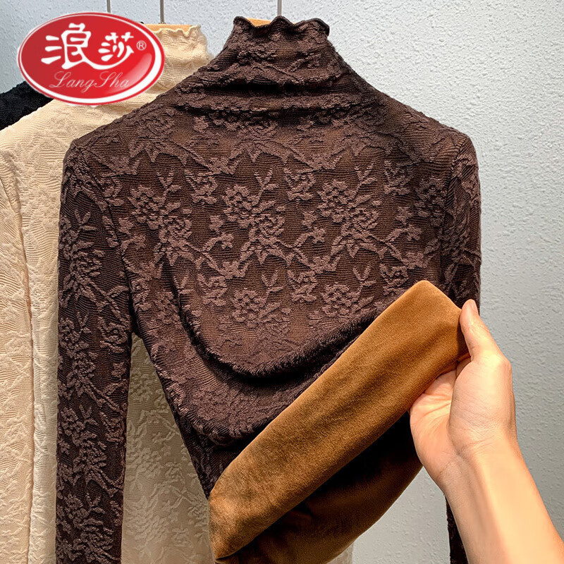 Langsha European velvet half turtleneck lace bottoming shirt for women, autumn and winter inner warm top, apricot-velvet, thickened M