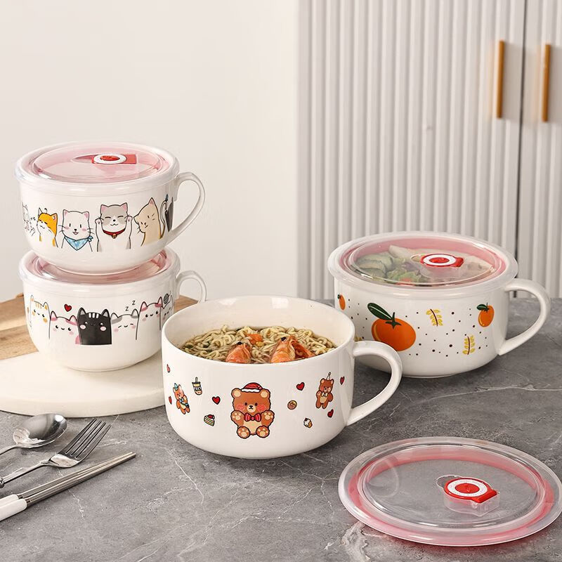 Ceramic instant noodle bowl with lid lunch box office worker lunch box microwave oven special sealed soup bowl fresh-keeping bowl with handle milky white cat 6 inches