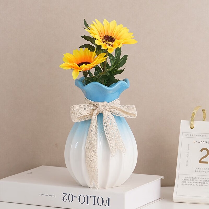 Shumen Big Belly Ceramic Vase Decoration Dried Flowers Water Flower Gardening Living Room Flower Arrangement Tulip Decoration Light Luxury and High-Level Sense Qianyu. Style (Yellow Upper)