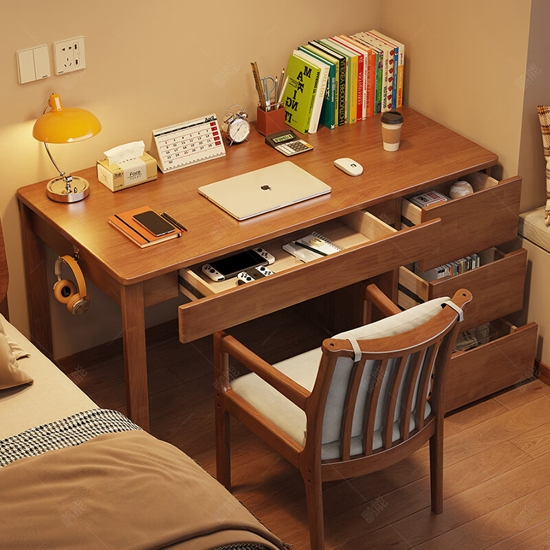 Pengneng home computer desk solid wood simple modern bedroom work writing desk with cabinet integrated student study desk and chair black walnut color # desk imported rubber wood no veneer 100cm*60cm*75cm