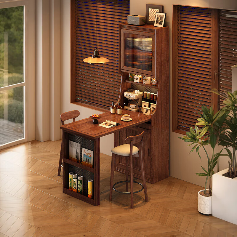 Solid wood sideboard bar table retractable storage partition integrated cabinet living room small apartment sofa side cabinet bar table combination walnut color