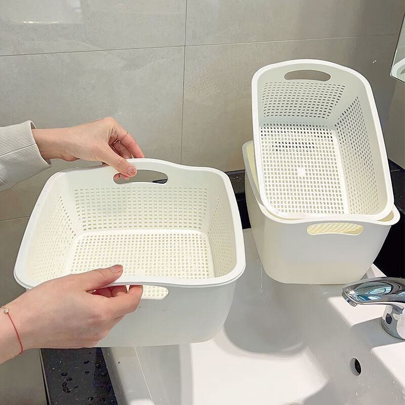 GUIG Double-layer Drainage Home Kitchen Vegetable Washing Thick Plastic Basket Artifact Fruit Cleaning Storage Fruit Plate Washing Basket Square Dabai Double-layer Thickened