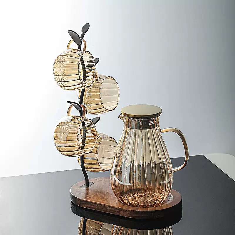 Yusenyi hot and cold glass high temperature resistant household cold water luxury hot water kettle light kettle living room high pot value water cup water set champagne color one pot 4 cups - solid wood combination rack 126 4ml