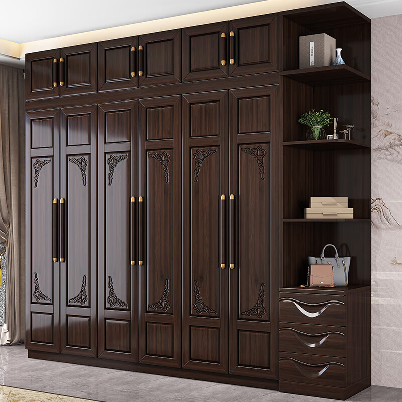 Nanyi Wardrobe Chinese Carved Wardrobe Golden Rosewood Antique Bedroom Storage Cabinet Side Cabinet Top Cabinet Home Wardrobe Z8625 Six-Door Wardrobe Golden Rosewood