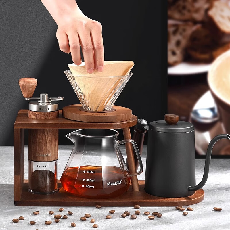 Mongdio hand brewing coffee pot set hand grinding coffee machine hand grinding storage stand coffee utensil complete set second generation stand hand brewing 10 pieces - black steel core model