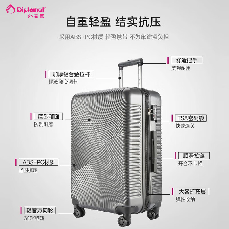 Diplomat Diplomat Luggage Men's and Women's Suitcase Universal Wheel Lockbox TC-612TM Matte Gray 24 Inches - Suitable for short and medium distances, checked luggage required