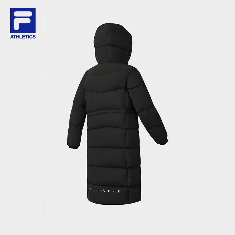Fila Fila official women's long goose down down jacket 2025 winter new fitness sports warm hooded jacket dark black-BK M 165/84A/M