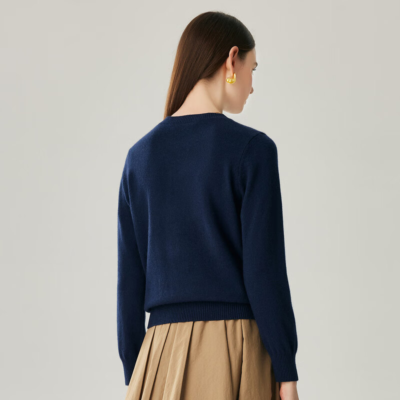 Zhaojun 2025 Autumn and Winter New Round Neck 100% Cashmere Sweater Women's Carousel Sweater Age Reduction Base Sweater Dark Blue XL