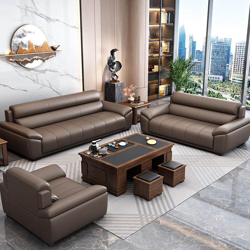 Earl Cullen office sofa coffee table simple modern three-seat leather sofa business reception big black cow reception and negotiation three-seat cat scratch leather