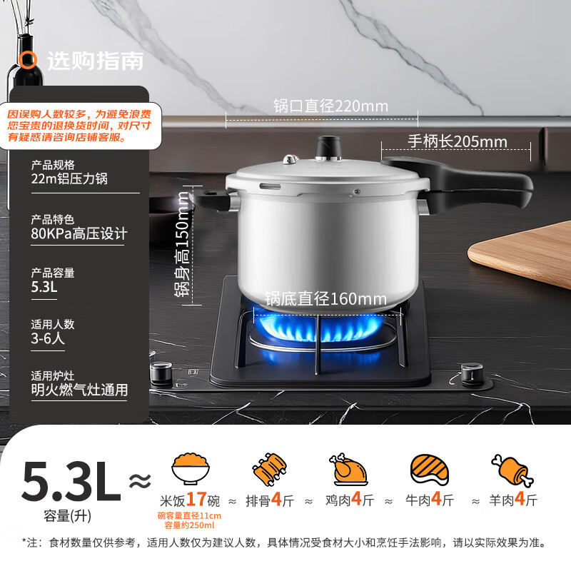 ASD pressure cooker gas open flame explosion-proof six insurance 5.3L aluminum alloy 22CM household pressure cooker YL22S2WG