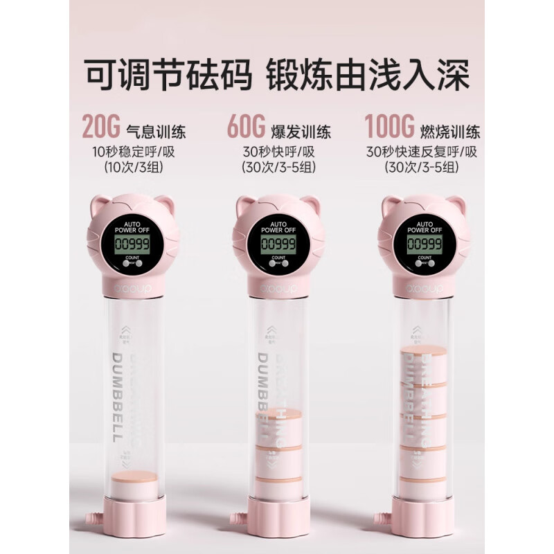 Jingyouyu Breathing Dumbbell Abdominal Breathing Trainer Adjustable Weight-Bearing Air Training Exercise Lung Capacity Unisex Upgraded Intelligent Counting丨Record Metamorphosis Breathing Dumbbell-Pink