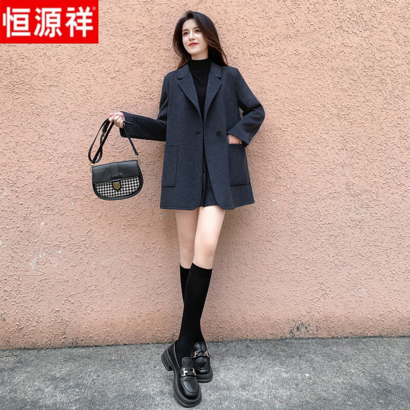 Hengyuanxiang gray small suit collar double-sided cashmere coat for women petite 2025 autumn and winter new Korean style age-reducing woolen coat dark gray S