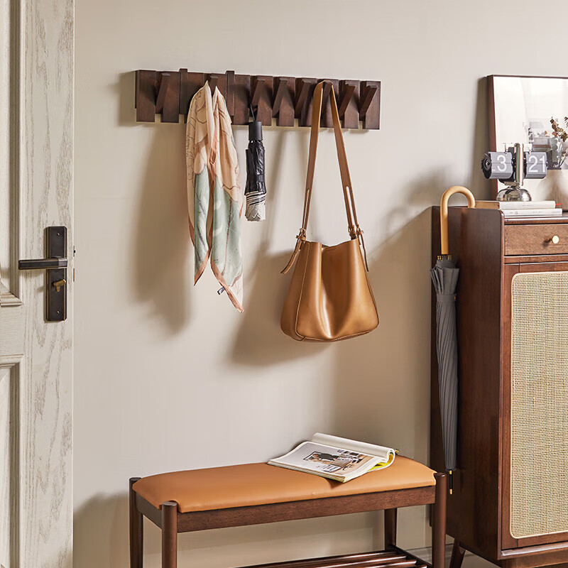 Qinggu solid wood piano key clothes hanger wall hanging coat rack wall hanging clothes hook bag rack entrance door wall clothes hook 35MM thickened walnut color 10 hooks 71CM*1