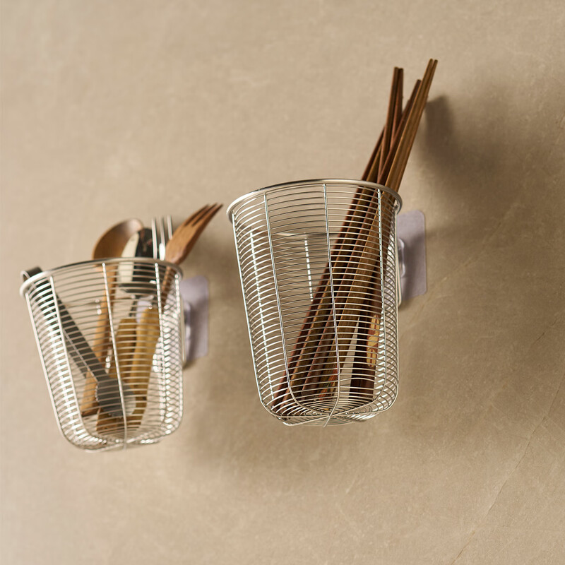 Four month 304 stainless steel chopstick barrel wall-mounted chopstick basket no punching drain rack storage box mildew-proof chopstick cage can be hung large (free hook) 304 stainless steel