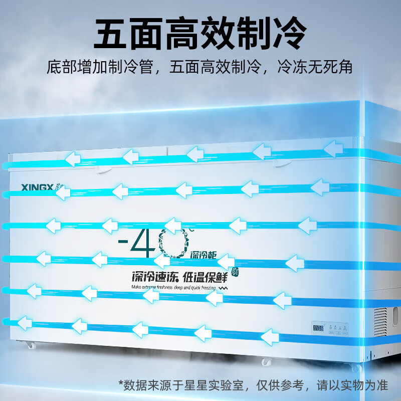 Star copper tube Star brand freezer commercial large-capacity horizontal fully frozen seafood quick-frozen freezer meat storage large refrigerator tea sealed fresh-keeping cabinet energy-saving freezer 408L -45 cell-level cryogenic electronic temperature control