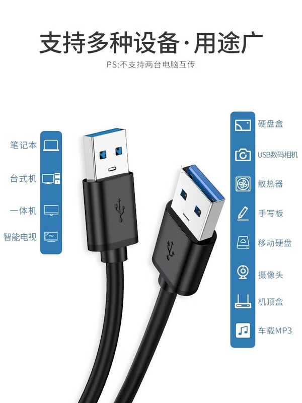 Interesting appliance double-ended USB data cable male-to-male radiator double-male notebook cable adapter interface computer transmission charging cable two-way extension fast dual USB 1 meter USB2.0 1 pack classic black