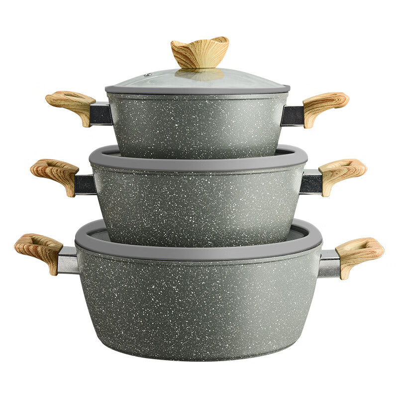 Marble medical stone non-stick pan business gift household Western-style frying pan wok soup pot set pots black 9pcs family pack 2 colors mixed