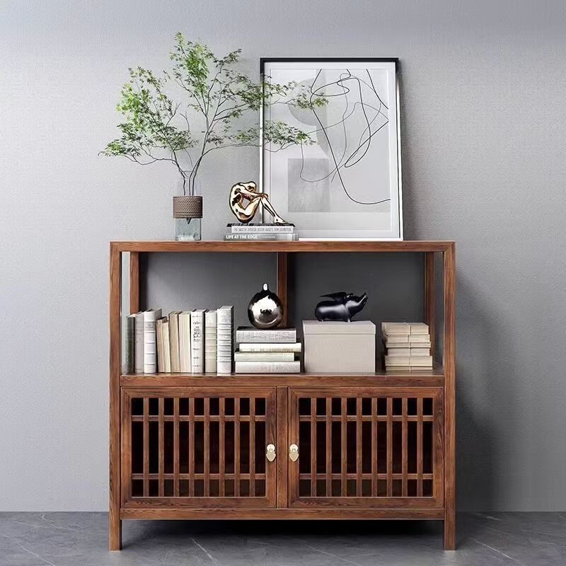 Pindao Xiaobo ancient rack solid wood tea cabinet tea room tea cabinet storage rack tea cabinet display rack tea shelf tea side cabinet storage black gold left cabinet Duobao Pavilion 80*33*120cm
