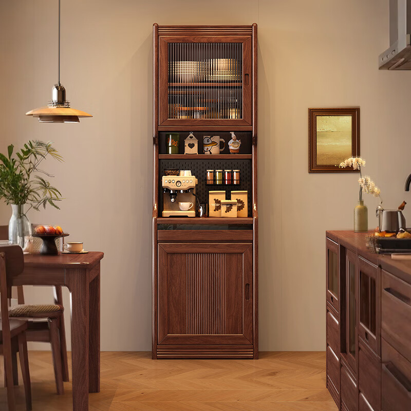 Solid wood sideboard bar table retractable storage partition integrated cabinet living room small apartment sofa side cabinet bar table combination walnut color