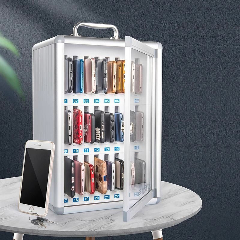 Mobile phone box storage box mobile phone safe box aluminum alloy with lock student wall hanging employee company meeting mobile phone storage box mobile phone storage cabinet 48-bit mobile phone safe box silver