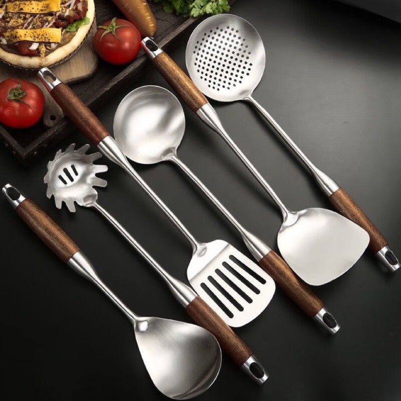 Fat Donglai thickened 316 stainless steel kitchen utensil set for home kitchen cooking spatula and ladle, German 316 material, wood grain plastic handle, spatula + soup spoon + frying spatula + colander, 4-piece set (